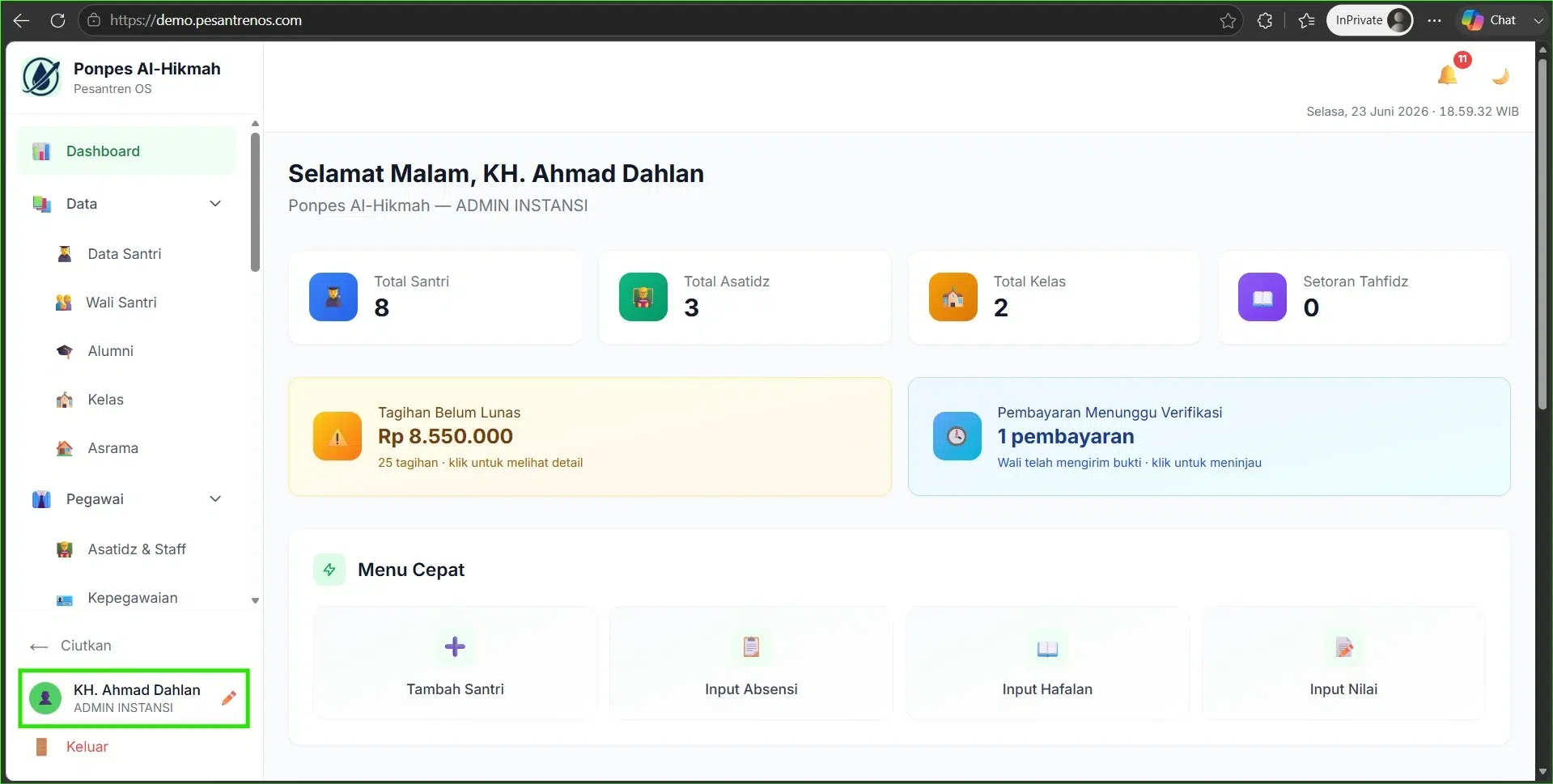 Halaman dashboard tenant Pesantren OS, edit profile