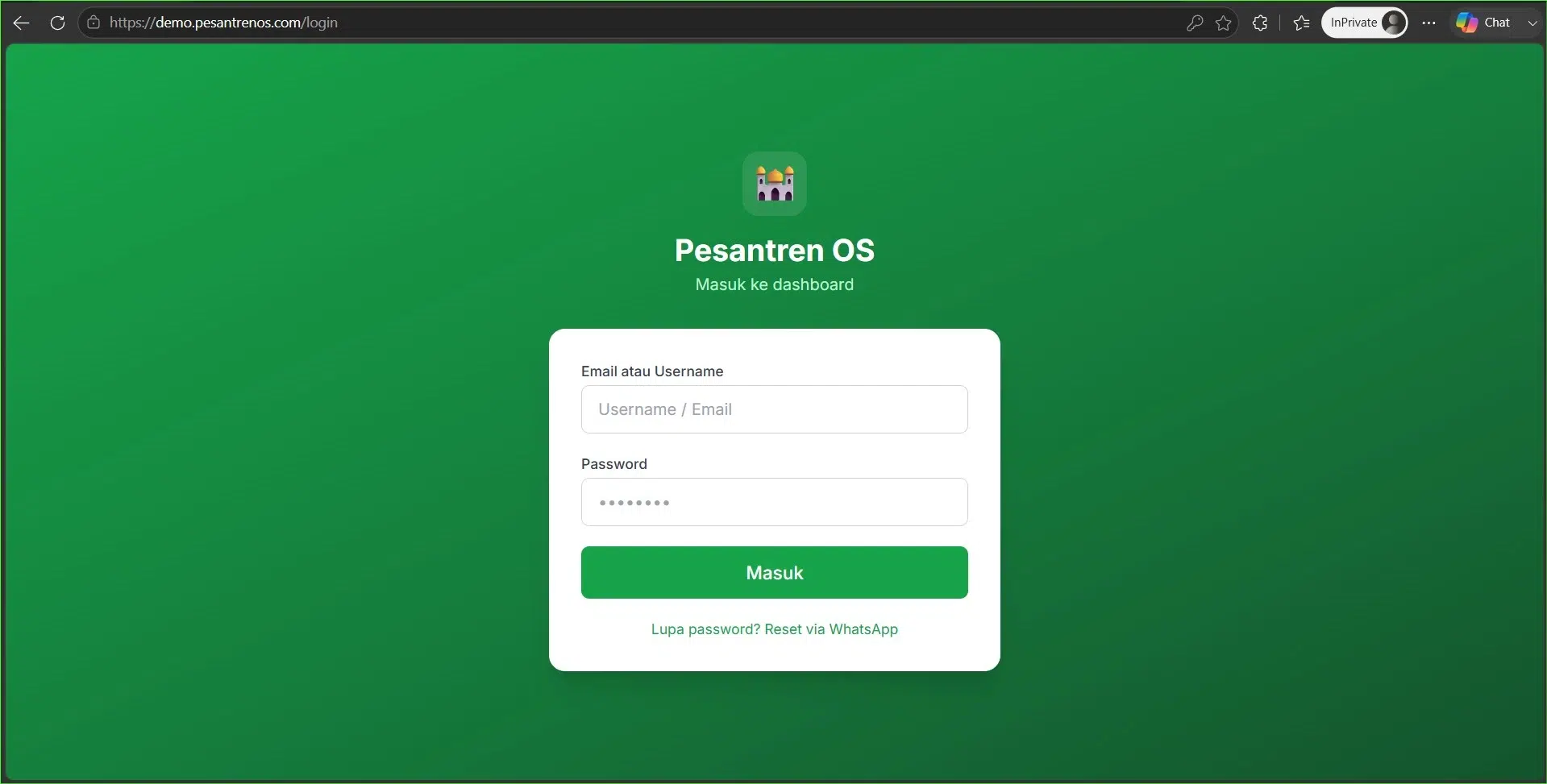 Halaman login tenant Pesantren OS