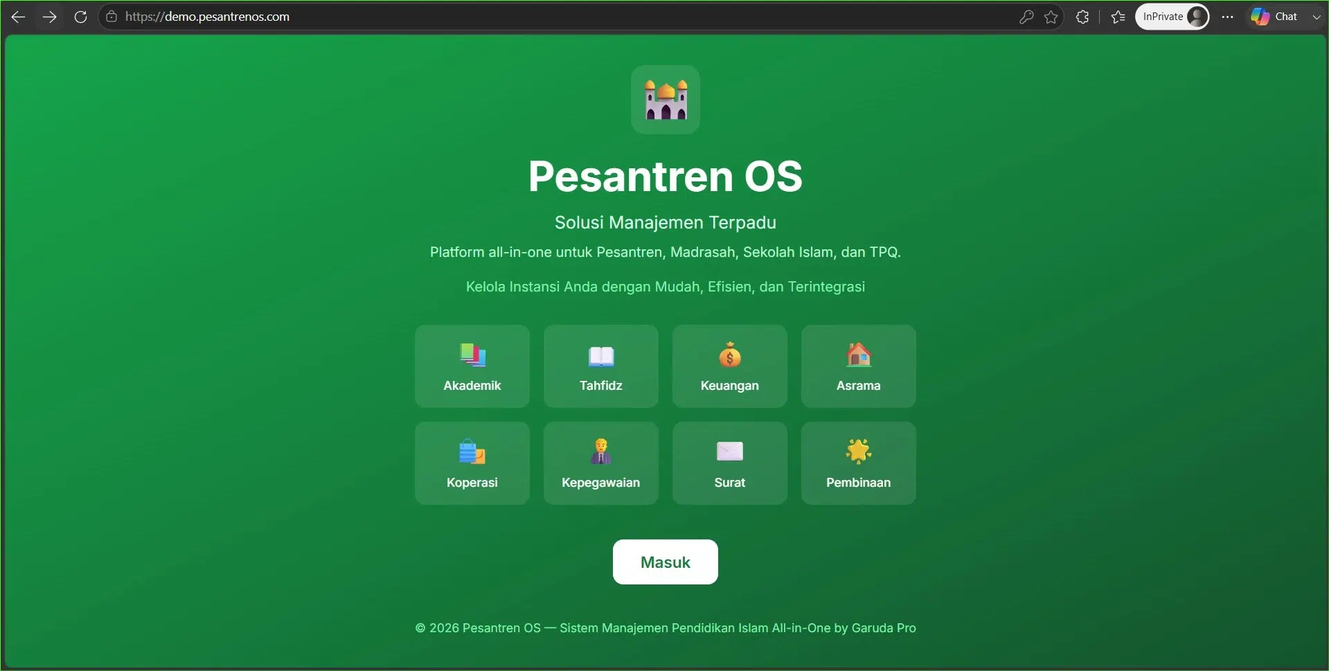 Halaman awal tenant Pesantren OS