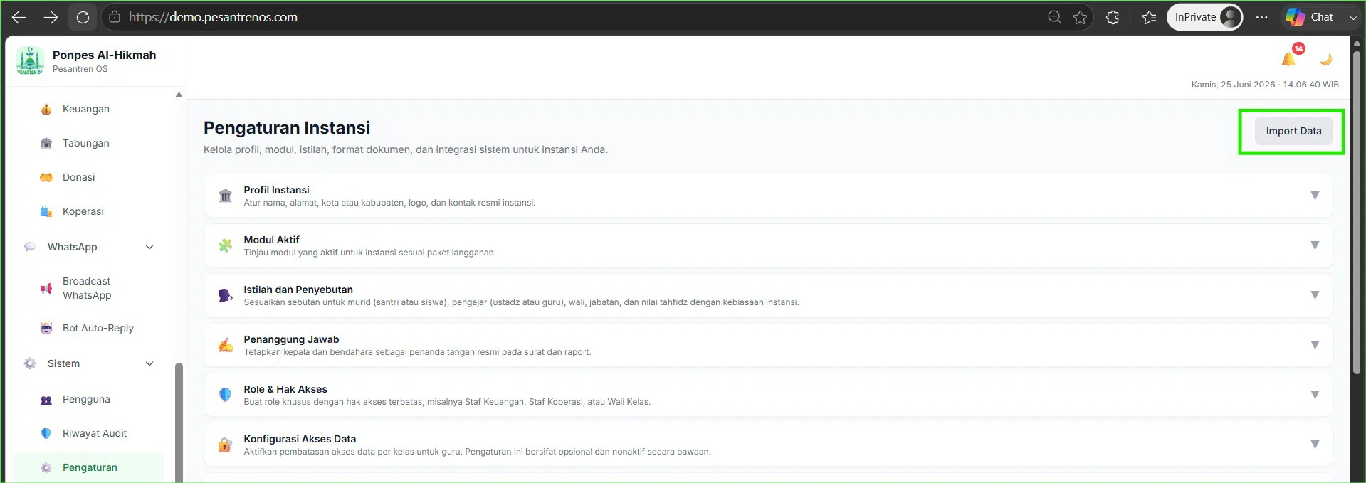 Mekanisme migrasi dan import data master ke ekosistem Pesantren OS